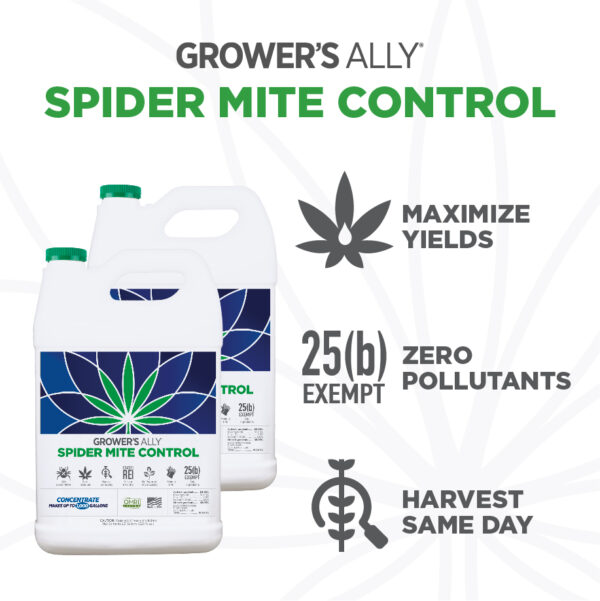 Grower’s Ally Spider Mite Control is an OMRI Listed® insecticide, miticide and repellent for use on cannabis and hemp.