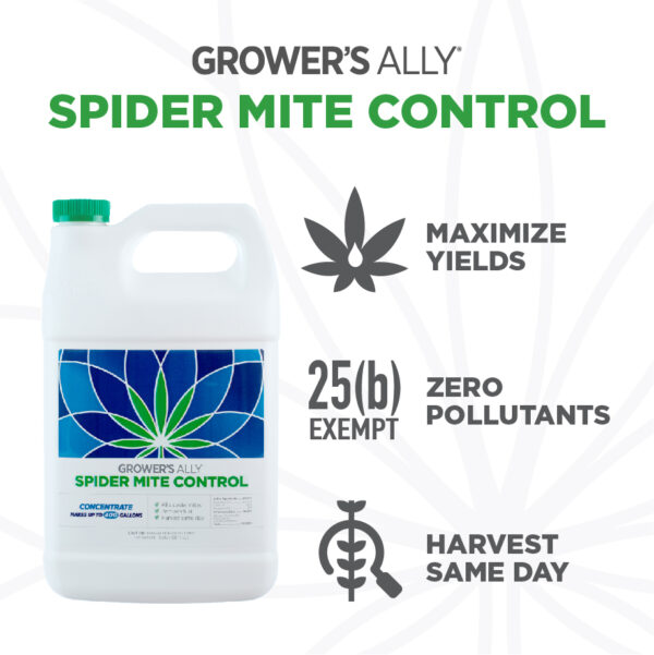 Mix rates and treatment intervals. Grower’s Ally Spider Mite Control is an OMRI Listed® insecticide, miticide and repellent for use on cannabis and hemp.
